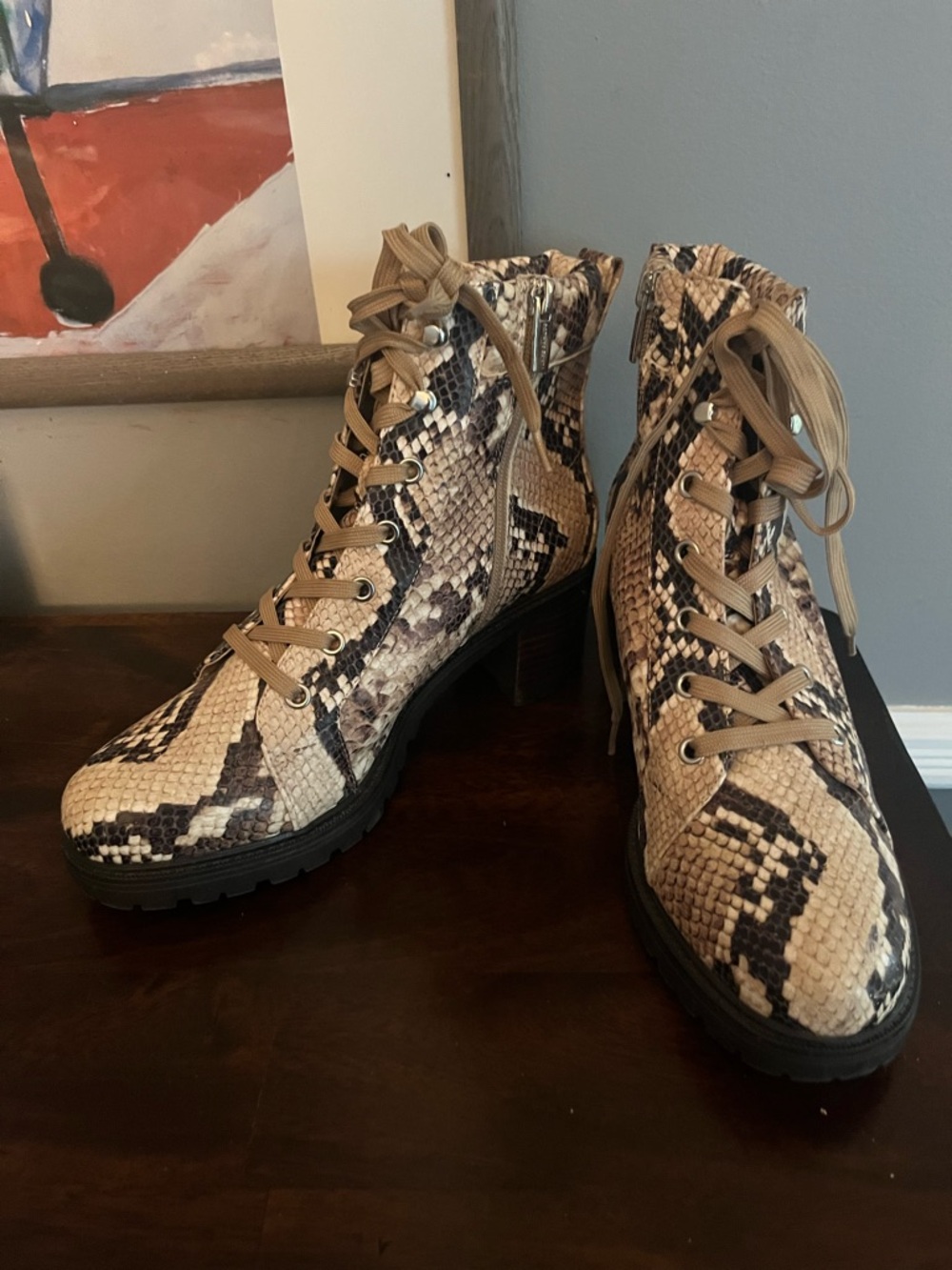 Vince Camuto Women’s Leather Snake-Print Lace-Up Ankle Boots in Beige. Size 8.5